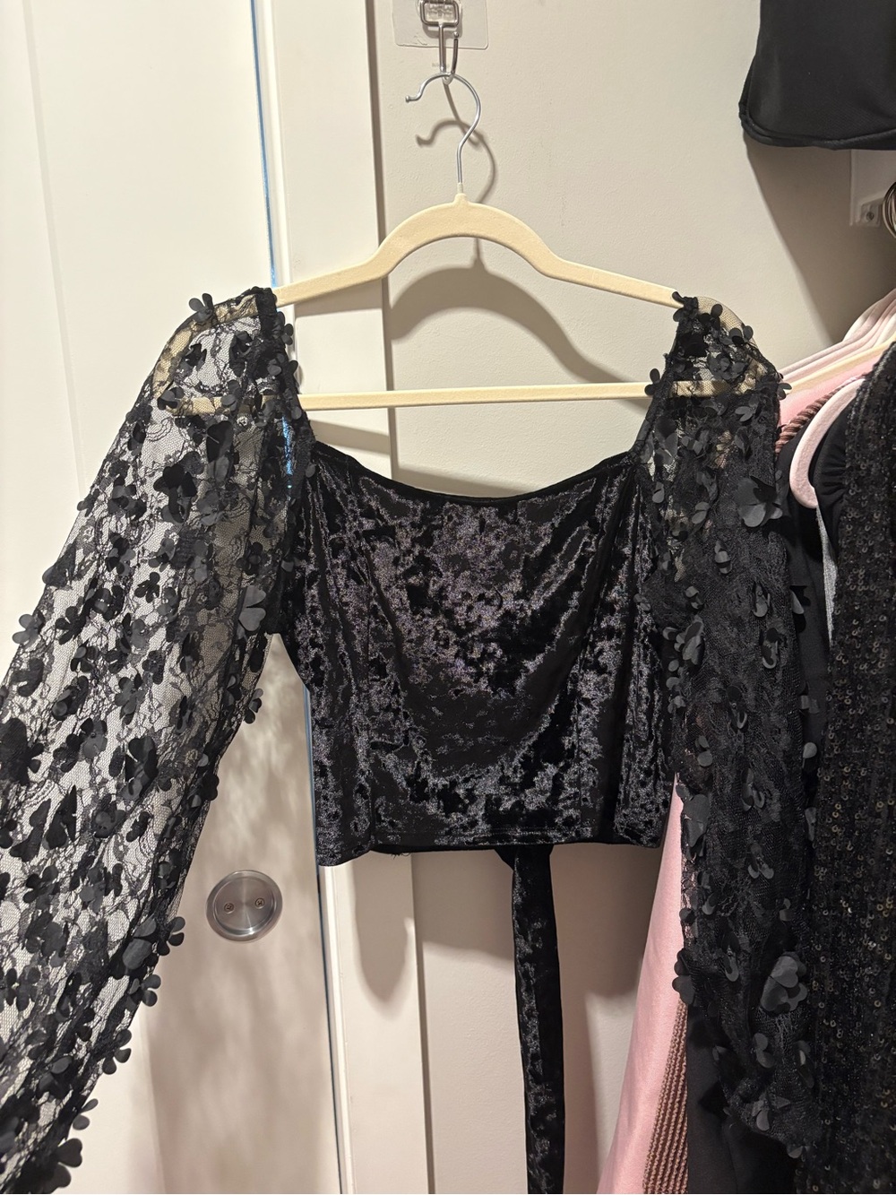 Black Velvet Crop Top with Sheer Floral Puff Sleeves